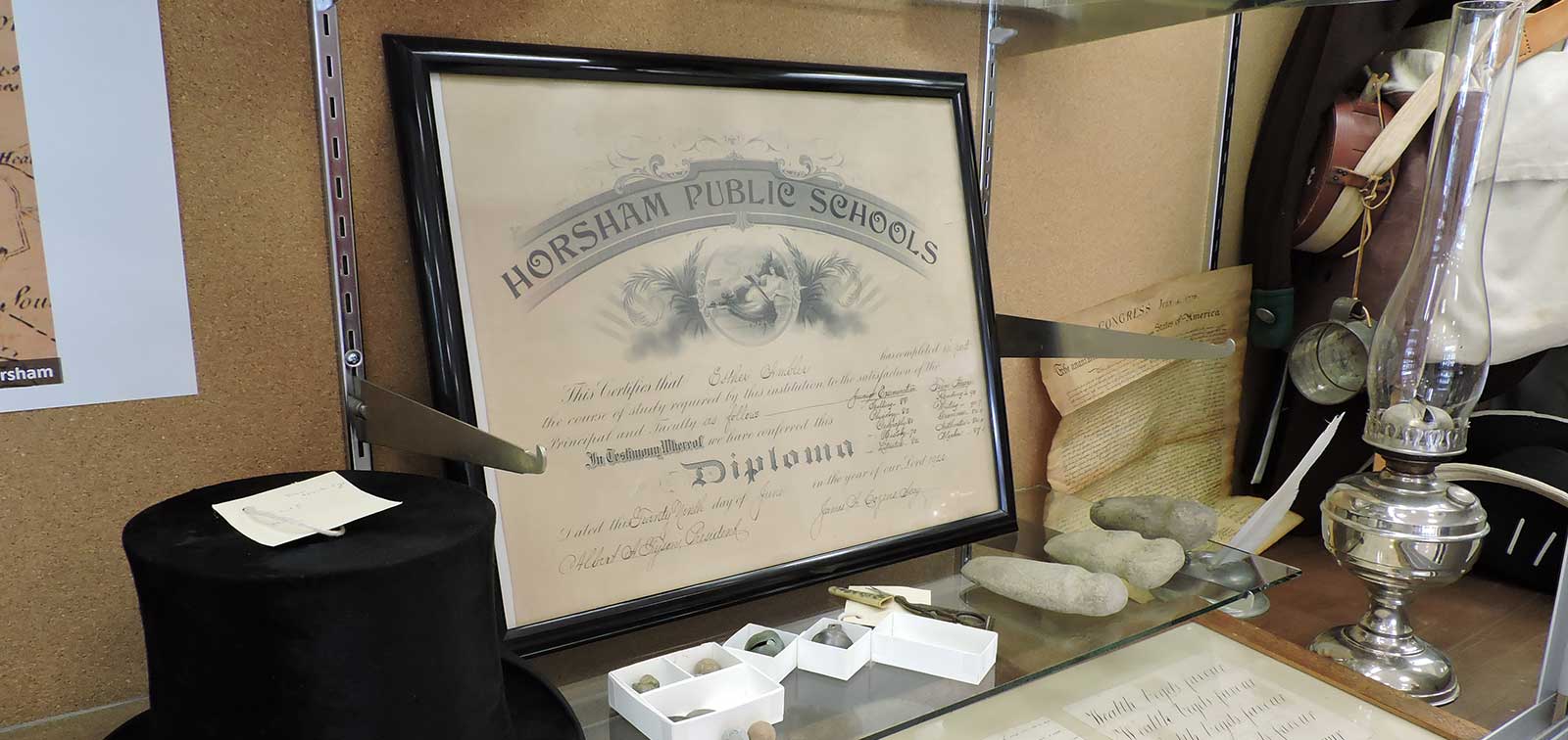 photo of diploma from Horsham Public Schools in Hallowell Elementary School historical exhibit