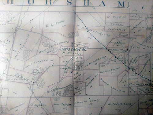 Map of Horsham 1893 showing the village of Davis Grove donated to HPHA by Beverly Choate