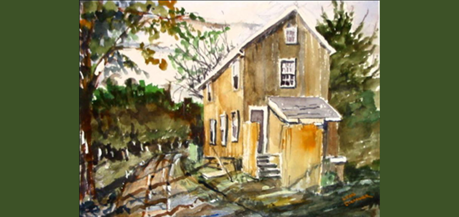 photo of watercolor of toll house on Limekiln Pike by Leon Clemmer